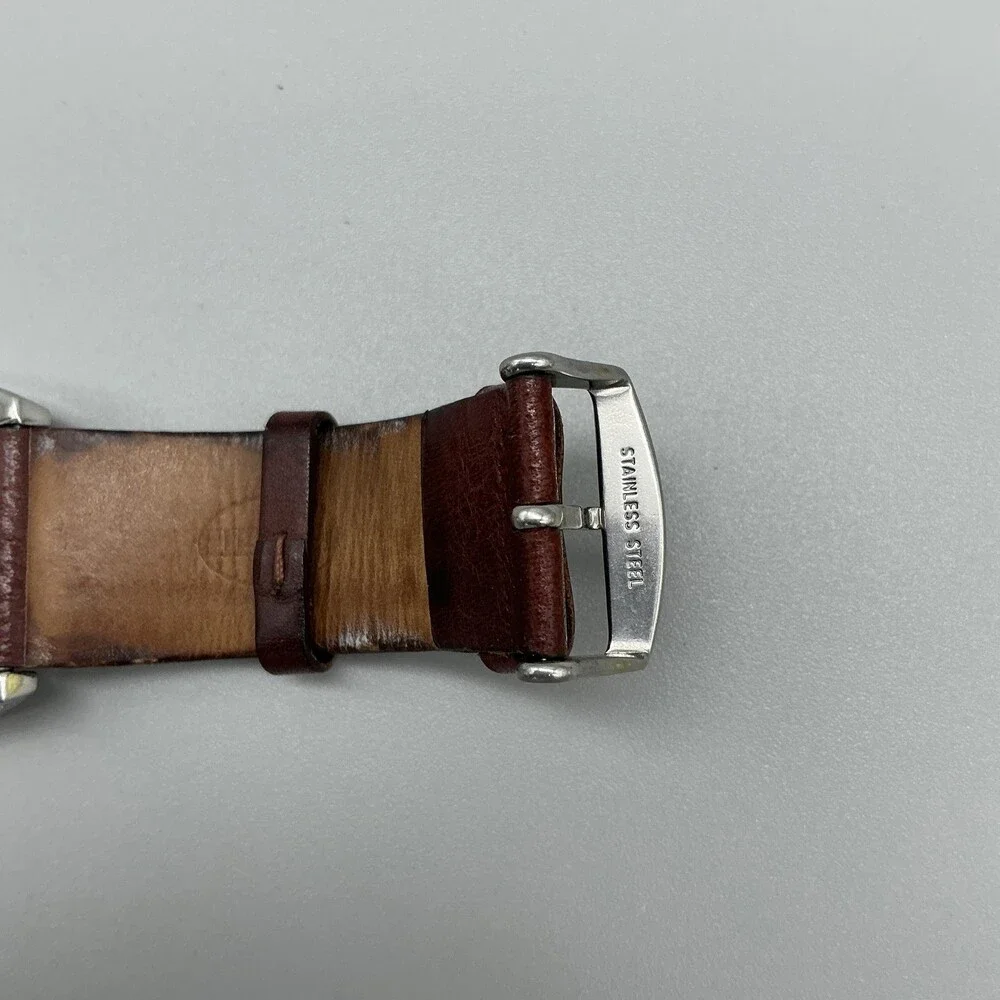 Fossil JR-8118 Mens Watch 41mm Champagne Dial Leather Date Tonneau New Battery